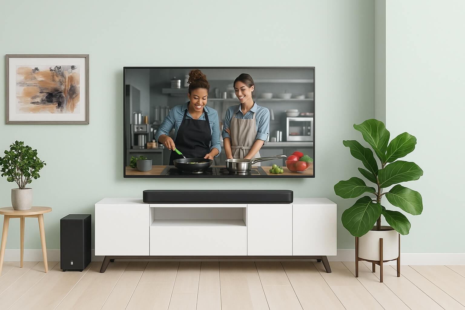 Modern nappali JBL soundbarral és TV-vel