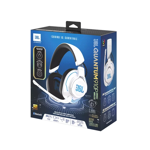 JBL Quantum 910P Gamer, zajszűrős, vezeték nélküli fejhallgató, fehér/kék