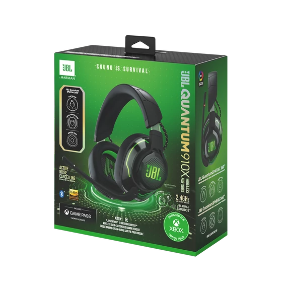 JBL Quantum 910X Gamer, zajszűrős, vezeték nélküli fejhallgató, fekete/zöld